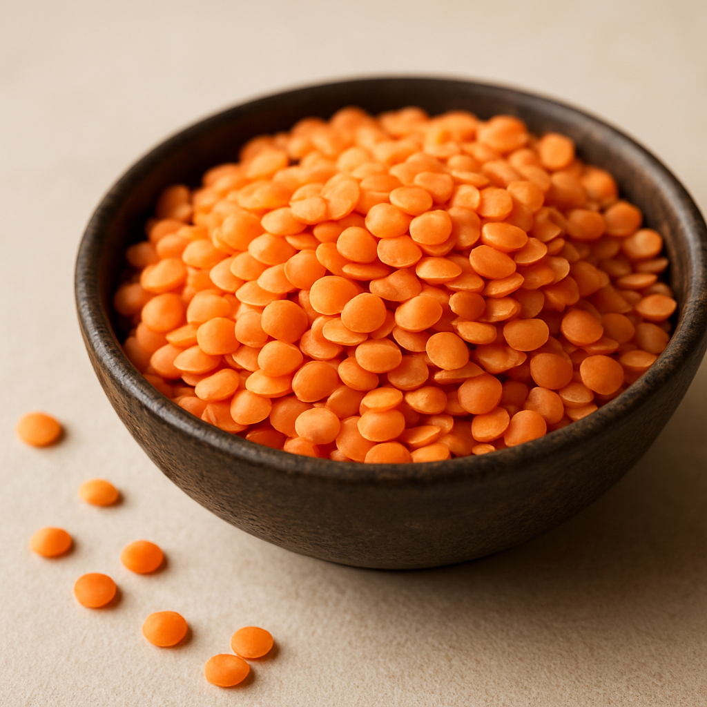 Split red lentils masoor dal in a dark bowl