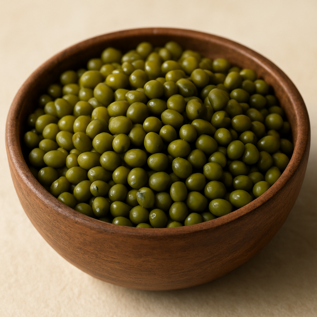 Whole green moong beans in a wooden bowl