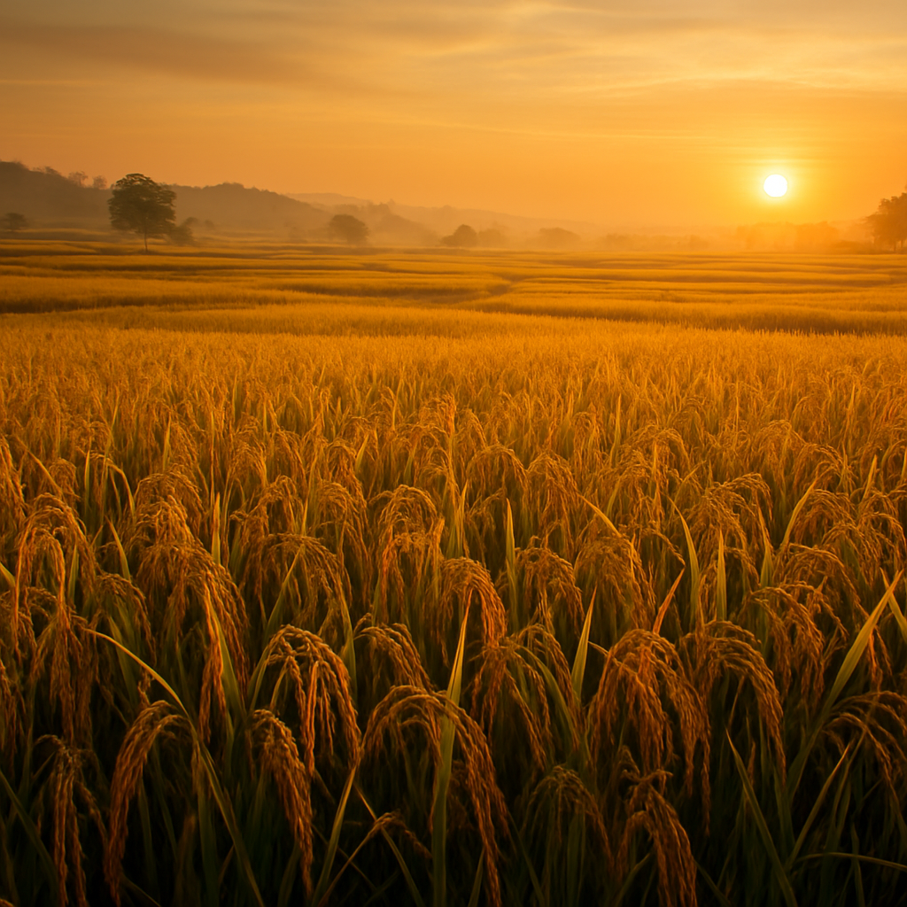 Golden rice paddy fields at sunset in rural India