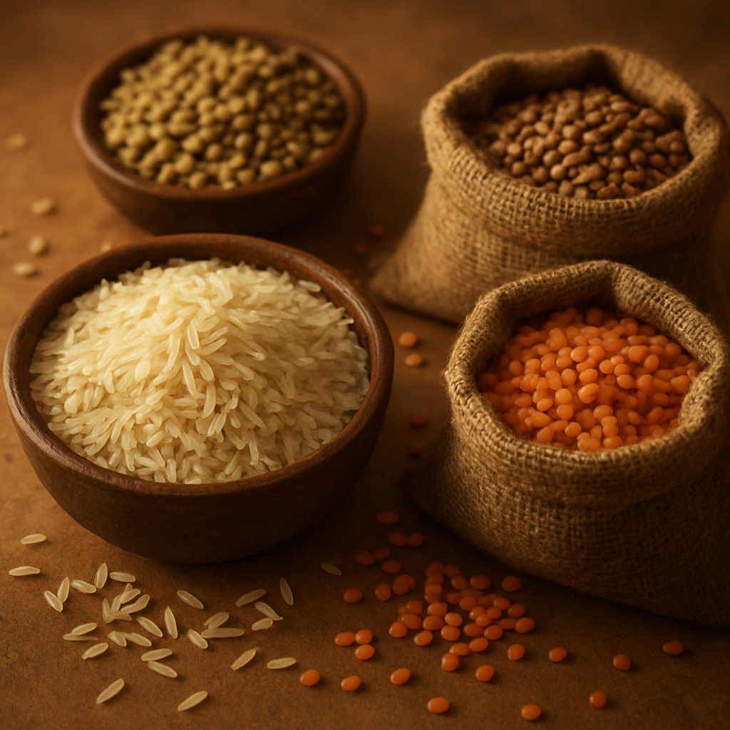 Premium basmati rice and assorted lentils arranged in rustic bowls