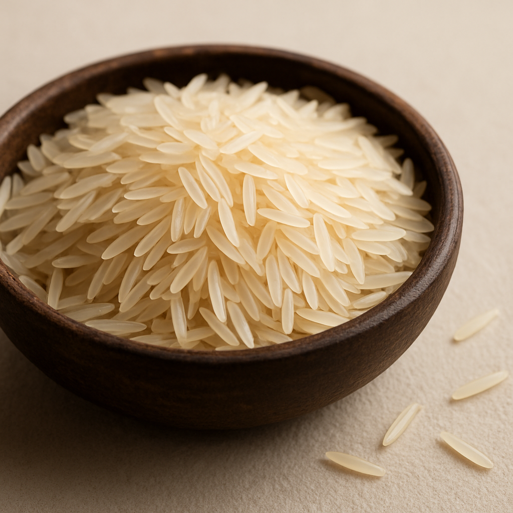 Extra-long premium 1121 basmati rice grains in a wooden bowl