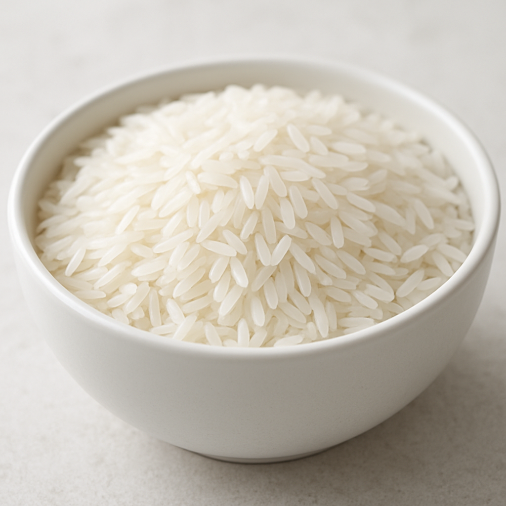Bright uniform long grain white rice in a white bowl